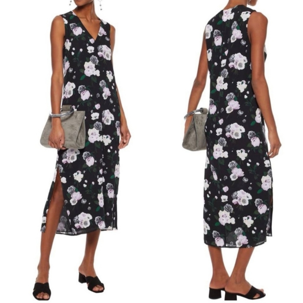 Equipment Femme Black Silk Floral Midi Dress
